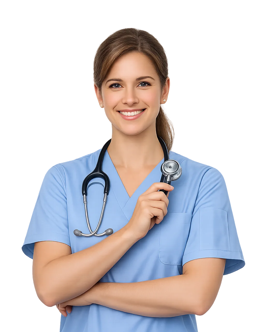 Enfermera con uniforme sanitario azul y fonendoscopio, imagen de CitasClinicas.AI para clínicas
